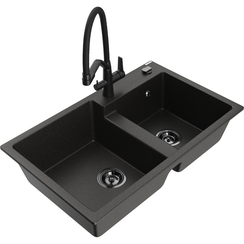 Mexen Tomas granitische gootsteen met 2 kamers en Duo keukenkraan, zwart/goud metallic - 6516-75-671701-70-B