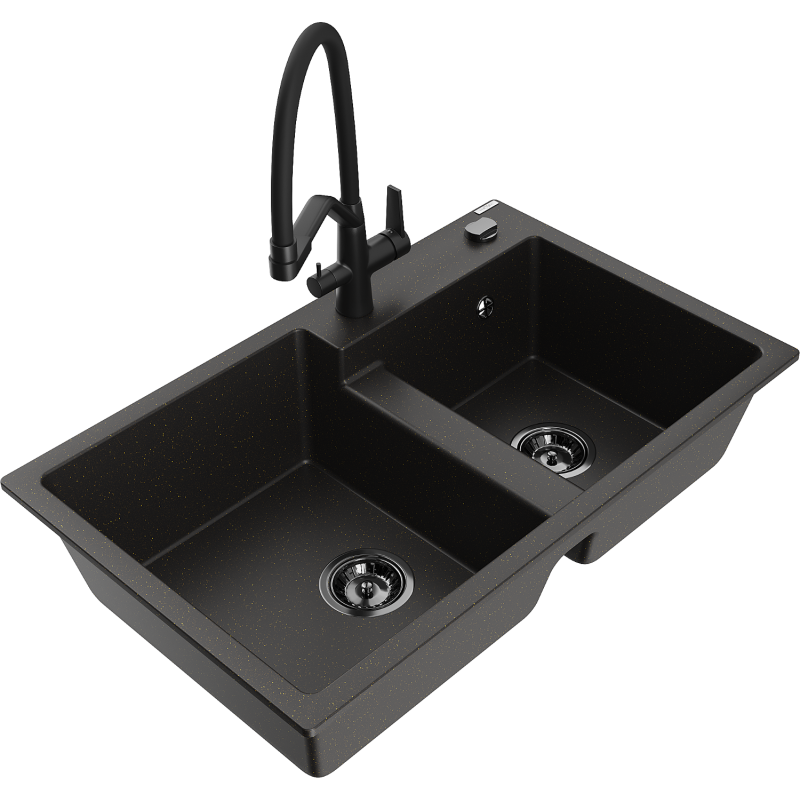 Mexen Tomas lava-loiça de granito de 2 cubas com torneira de cozinha Duo, preto/dourado metálico - 6516-75-671701-70-B