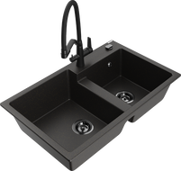 Mexen Tomas Granit Kicheltbecken mat 2-Kummer mat kichekraan Duo, schwaarz/golden metalik - 6516-75-671701-70-B