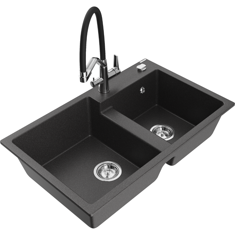 Mexen Tomas 2-bowl granite sink with Duo kitchen tap, black speckled - 6516-76-671701-07
