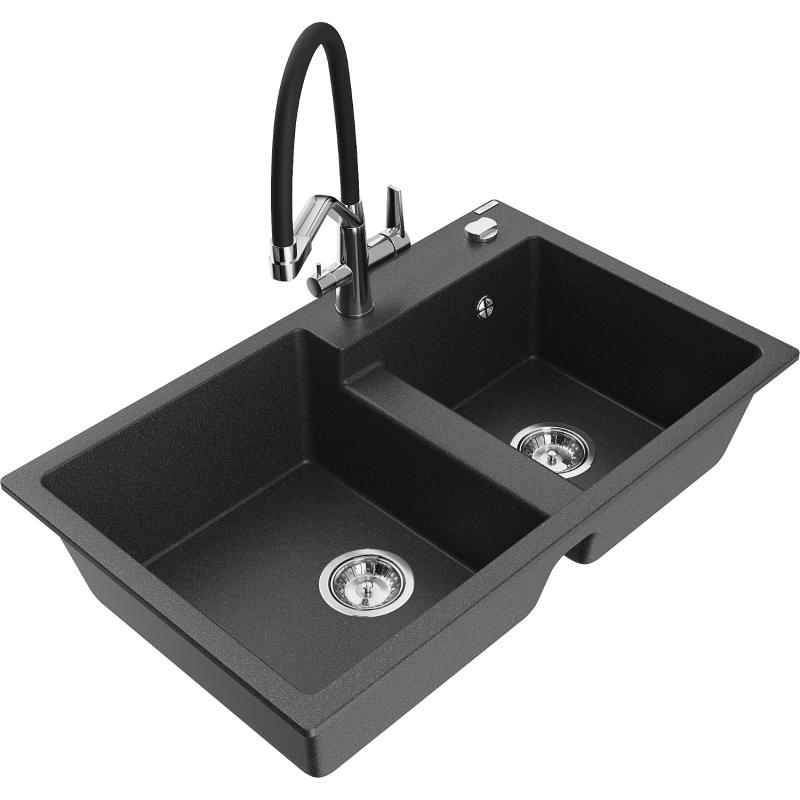 Mexen Tomas fregadero de granito de 2 compartimentos con grifo de cocina Duo, negro moteado - 6516-76-671701-07