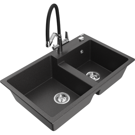 Mexen Tomas fregadero de granito de 2 compartimentos con grifo de cocina Duo, negro moteado - 6516-76-671701-07