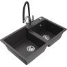 Mexen Tomas fregadero de granito de 2 compartimentos con grifo de cocina Duo, negro moteado - 6516-76-671701-07