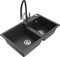Mexen Tomas 2-bowl granite sink with Duo kitchen tap, black speckled - 6516-76-671701-07