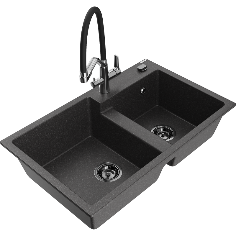 Mexen Tomas granite sink 2-chamber with duo kitchen tap, black speckled - 6516-76-671701-07-B