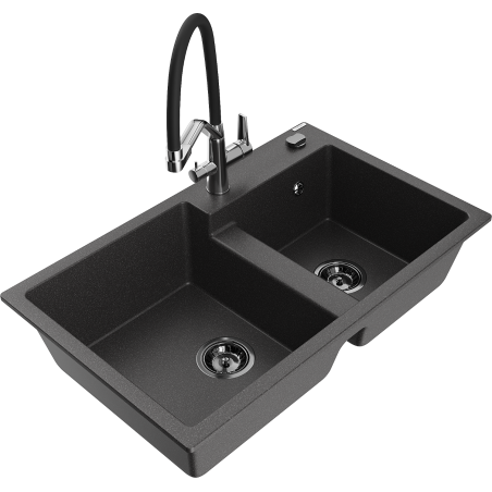 Mexen Tomas fregadero de granito de 2 compartimentos con grifo de cocina Duo, negro moteado - 6516-76-671701-07-B