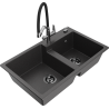 Mexen Tomas granite sink 2-chamber with duo kitchen tap, black speckled - 6516-76-671701-07-B