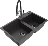 Mexen Tomas fregadero de granito de 2 senos con grifo de cocina Duo, negro moteado - 6516-76-671701-07-B