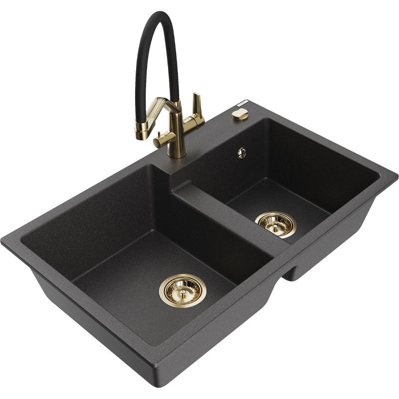 Mexen Tomas lavello in granito a 2 camere con miscelatore cucina Duo, nero maculato - 6516-76-671701-57-G