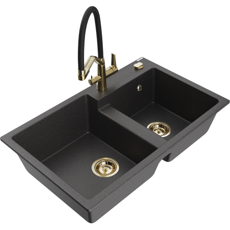 Mexen Tomas double-bowl granite kitchen sink with Duo faucet, black speckled - 6516-76-671701-57-G