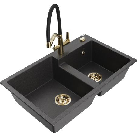 Mexen Tomas granite sink 2-chamber with Duo kitchen tap, black speckled - 6516-76-671701-57-G