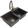 Mexen Tomas fregadero de granito de 2 compartimentos con grifo de cocina Duo, negro moteado - 6516-76-671701-57-G