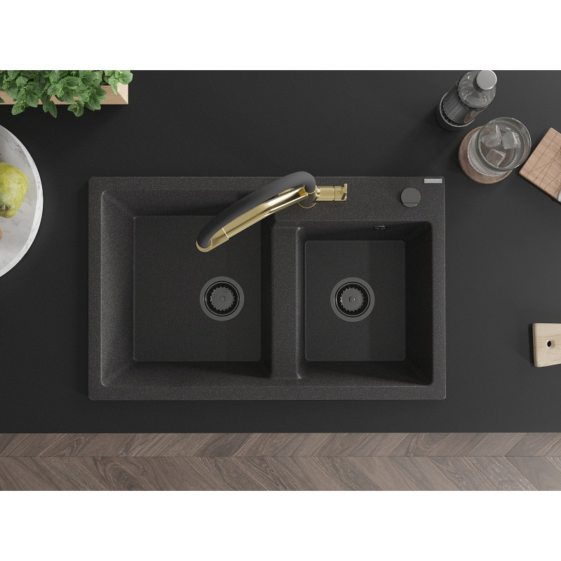 Mexen Tomas fregadero de granito de 2 compartimentos con grifo de cocina Duo, negro moteado - 6516-76-671701-57-B