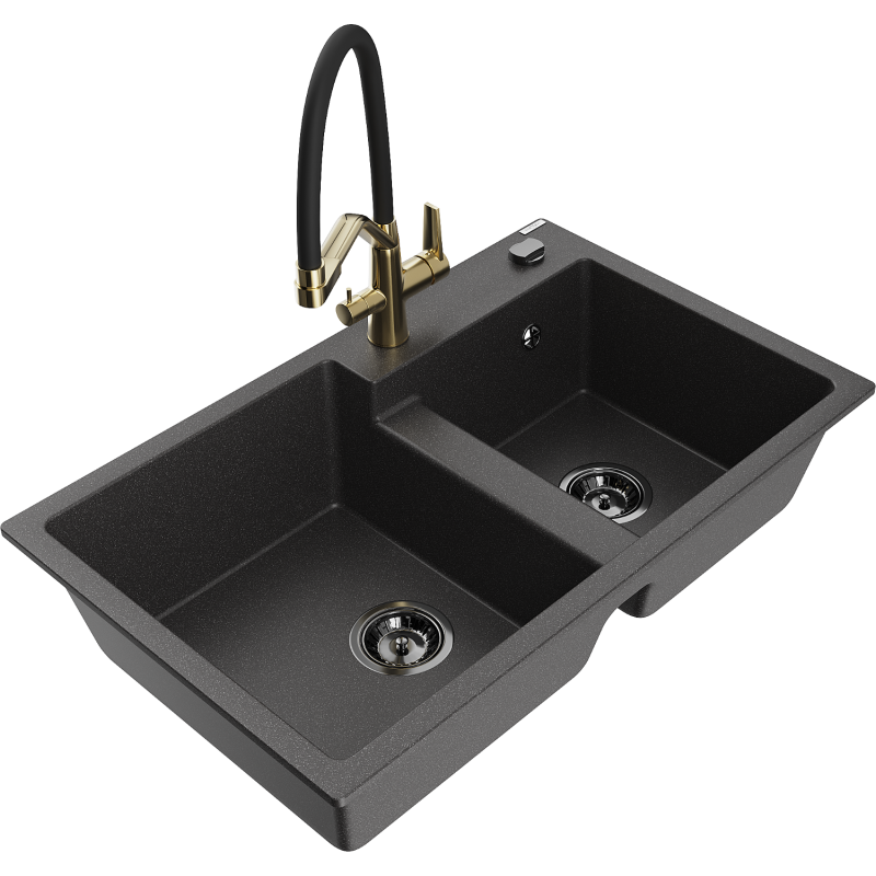 Mexen Tomas 2-basin granite kitchen sink with Duo tap, speckled black - 6516-76-671701-57-B