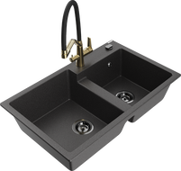Mexen Tomas fregadero de granito de 2 senos con grifo de cocina Duo, negro moteado - 6516-76-671701-57-B