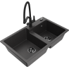 Mexen Tomas granite sink 2-bowl with Duo kitchen tap, black speckled - 6516-76-671701-70-B