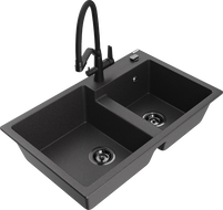 Mexen Tomas fregadero de granito de 2 compartimentos con grifo de cocina Duo, negro moteado - 6516-76-671701-70-B