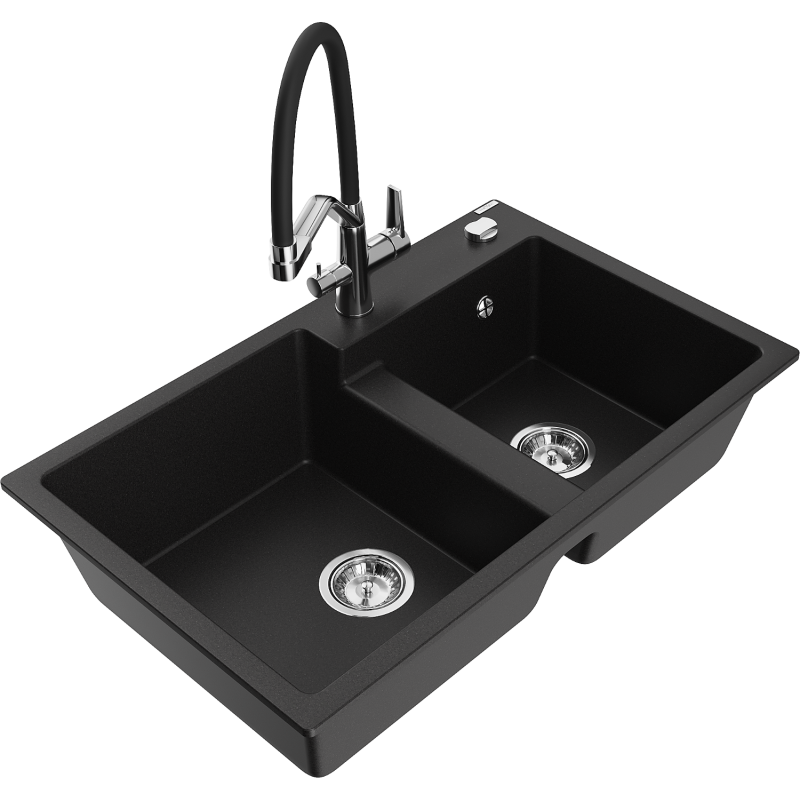 Mexen Tomas lavello in granito a 2 vasche con miscelatore Duo, nero - 6516-77-671701-07