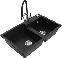 Mexen Tomas Double-Bowl Granite Sink with Duo Kitchen Mixer Tap, Black - 6516-77-671701-07