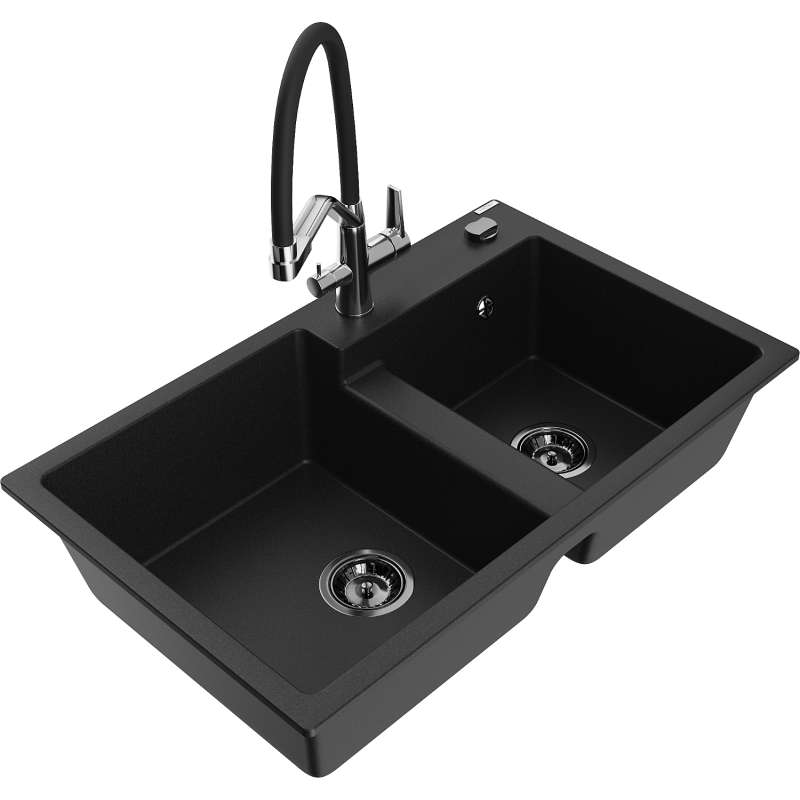 Mexen Tomas granite sink 2-bowl with Duo kitchen tap, black - 6516-77-671701-07-B