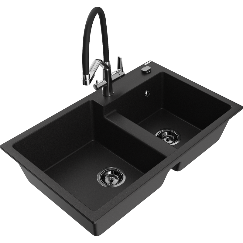 Mexen Tomas lavello in granito a 2 vasche con miscelatore Duo, nero - 6516-77-671701-07-B