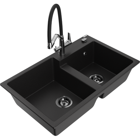 Mexen Tomas lavello in granito a 2 vasche con miscelatore Duo, nero - 6516-77-671701-07-B