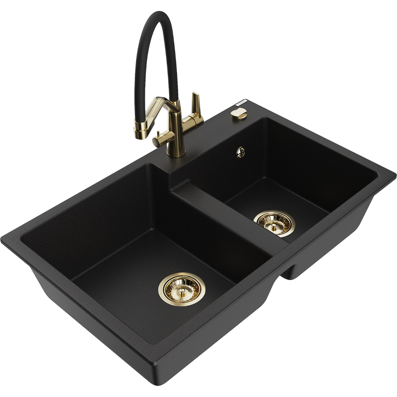 Mexen Tomas évier en granit à 2 bacs avec robinet de cuisine Duo, noir - 6516-77-671701-57-G