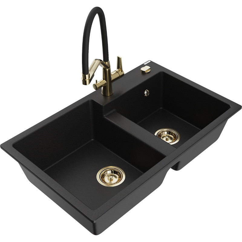 Mexen Tomas fregadero de granito de 2 cámaras con grifo de cocina Duo, negro - 6516-77-671701-57-G