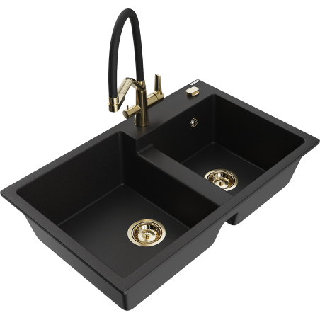 Mexen Tomas fregadero de granito de 2 compartimentos con grifo de cocina Duo, negro - 6516-77-671701-57-G