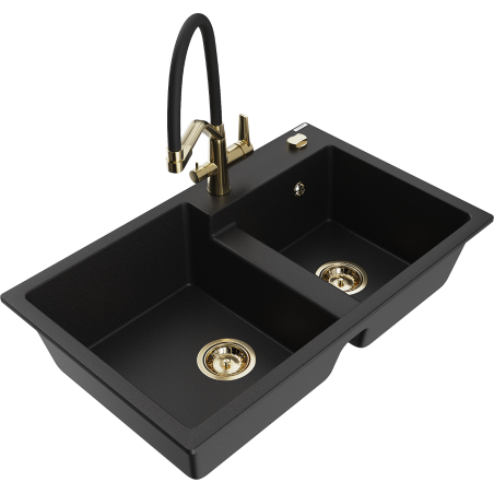 Mexen Tomas granite two-bowl sink with Duo kitchen tap, black - 6516-77-671701-57-G