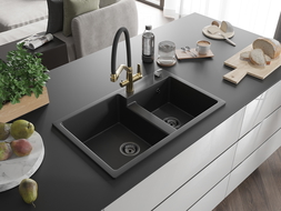 Mexen Tomas Granite Sink 2-Bowl with Duo Kitchen Tap, Black - 6516-77-671701-57-B
