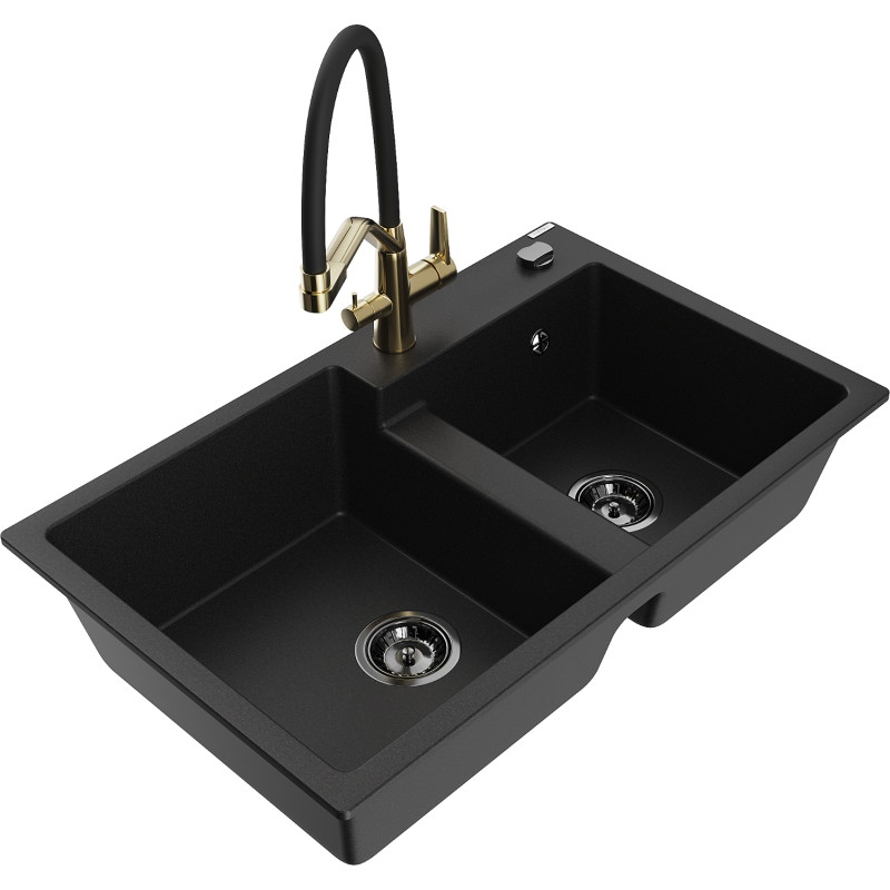 Mexen Tomas fregadero de granito de 2 compartimentos con grifo de cocina Duo, negro - 6516-77-671701-57-B