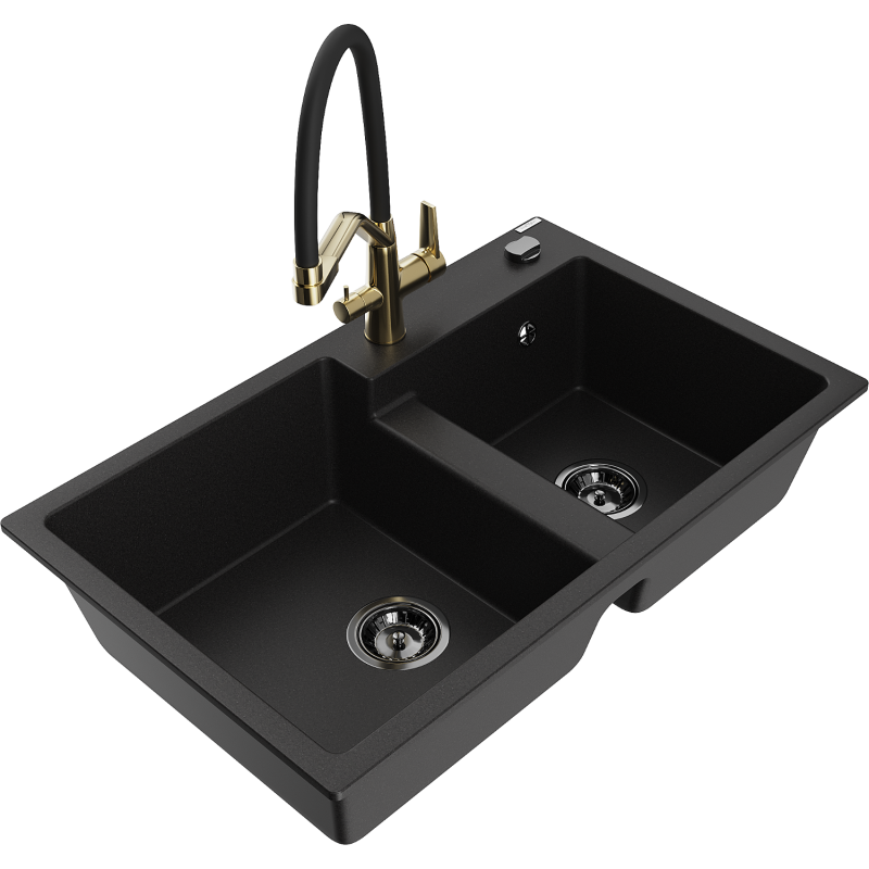 Mexen Tomas graniittinen 2-tilallinen tiskiallas keittiöhanalla Duo, musta - 6516-77-671701-57-B