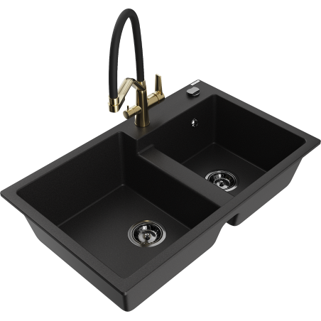 Mexen Tomas fregadero de granito de 2 compartimentos con grifo de cocina Duo, negro - 6516-77-671701-57-B