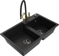 Mexen Tomas Granite Sink 2-Bowl with Duo Kitchen Tap, Black - 6516-77-671701-57-B
