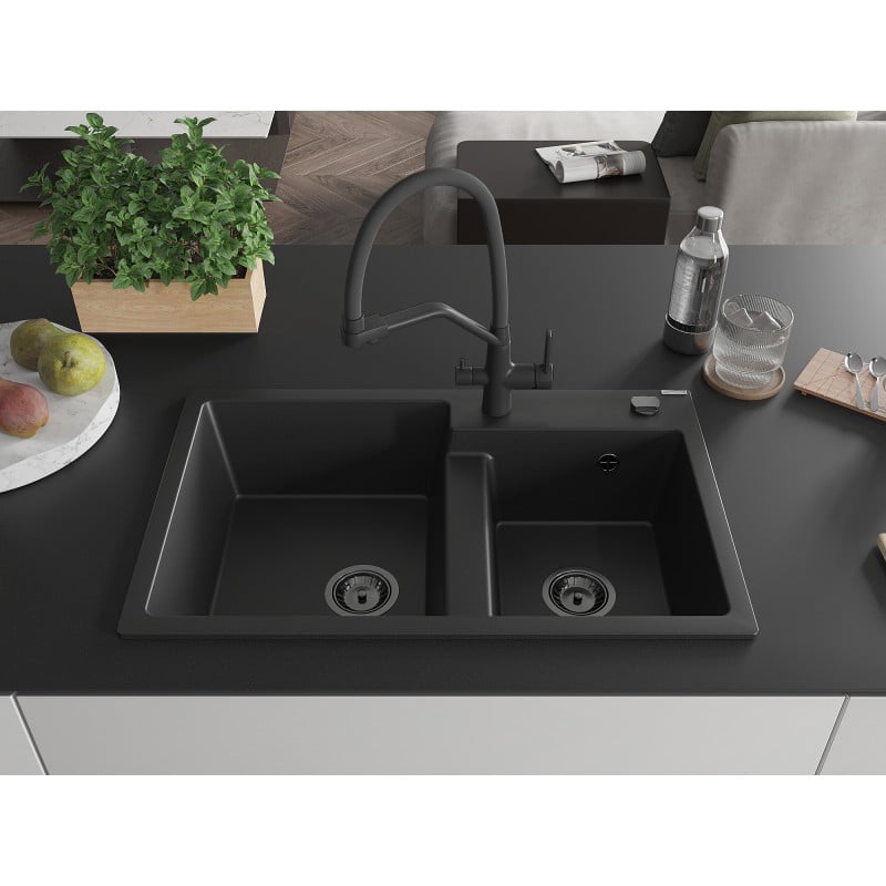 Mexen Tomas fregadero de granito de 2 senos con grifo de cocina Duo, negro - 6516-77-671701-70-B