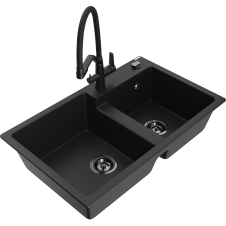 Mexen Tomas fregadero de cocina de granito de 2 cubetas con grifo Duo, negro - 6516-77-671701-70-B