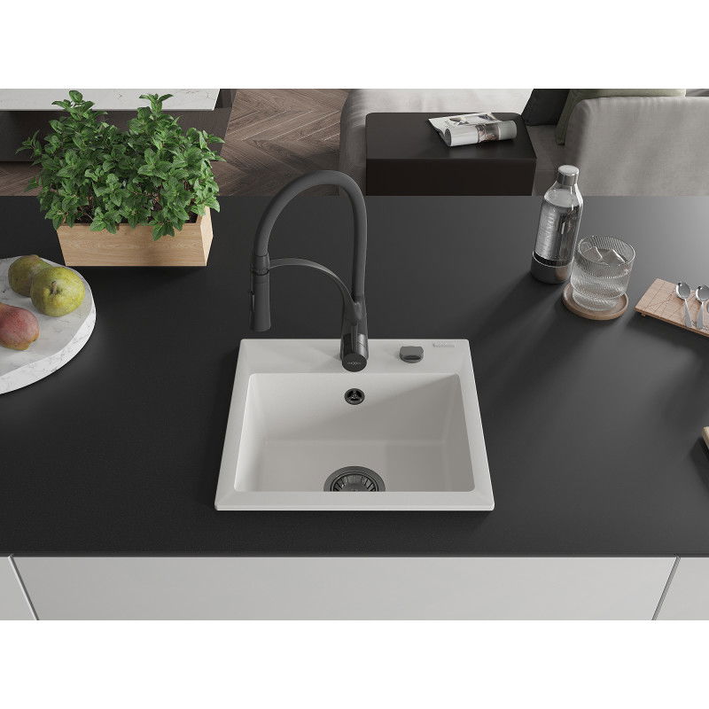Mexen Milo granite kitchen sink 1-bowl with Aster kitchen tap, white - 6505-20-73450-70-B