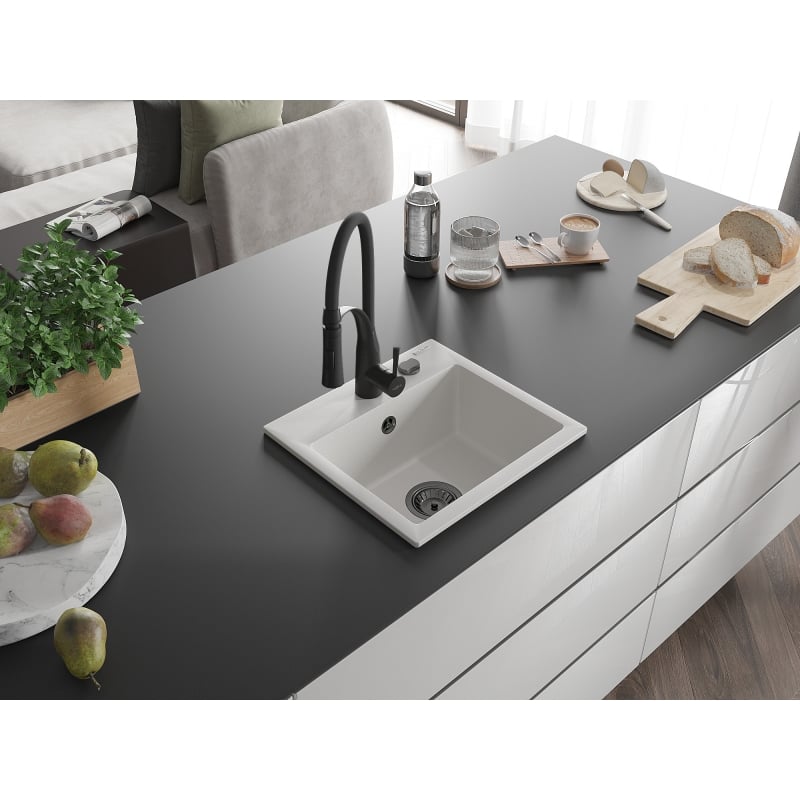 Mexen Milo granite kitchen sink single-bowl with Aster faucet, white - 6505-20-73450-70-B