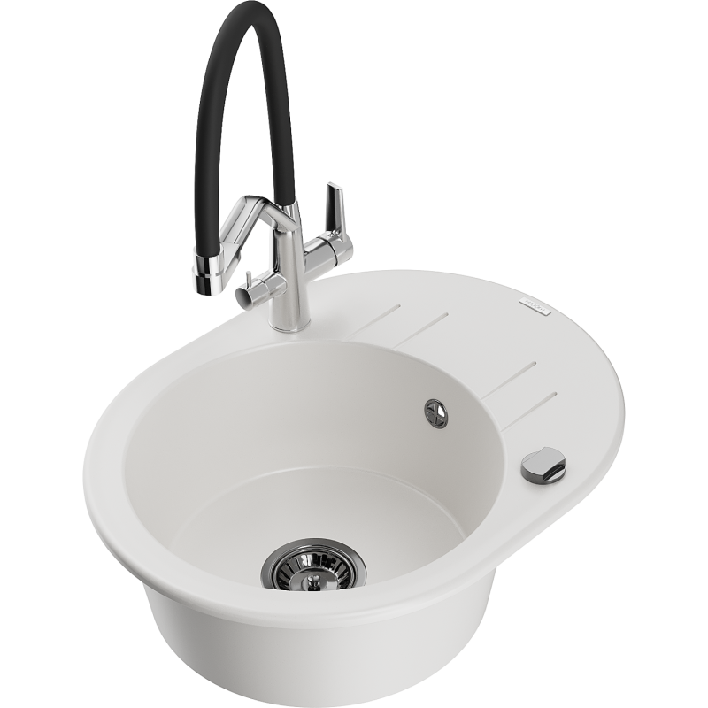 Mexen Kevin fregadero de granito de 1 tazón con grifo de cocina Duo, blanco - 6517-20-671701-07-B