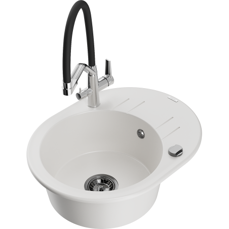 Mexen Kevin 1-bowl granite sink with Duo kitchen tap, white - 6517-20-671701-07-B