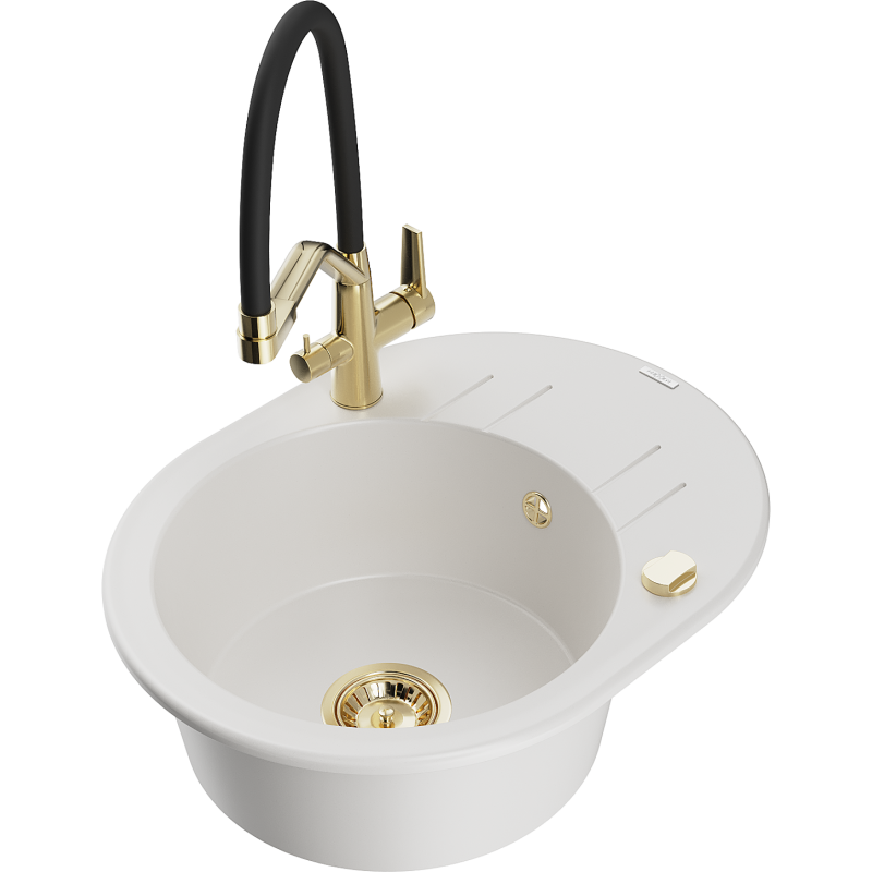 Mexen Kevin 1-bowl granite sink with Duo kitchen tap, white - 6517-20-671701-57-G