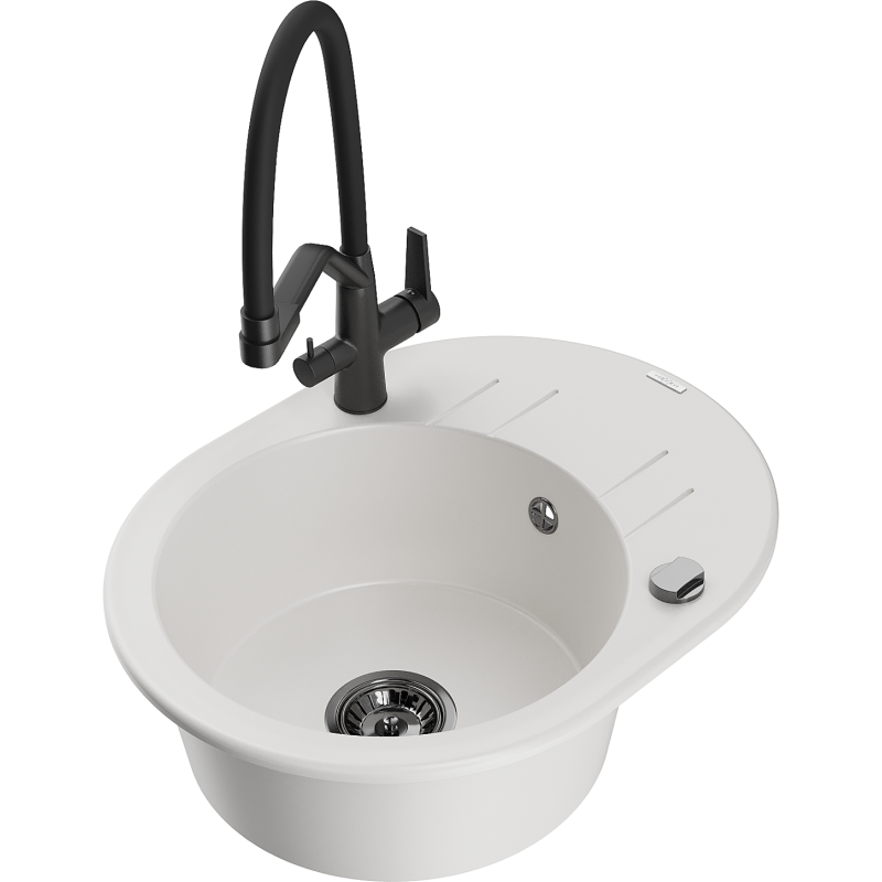 Mexen Kevin fregadero de granito de 1 seno con grifo de cocina Duo, blanco - 6517-20-671701-70-B