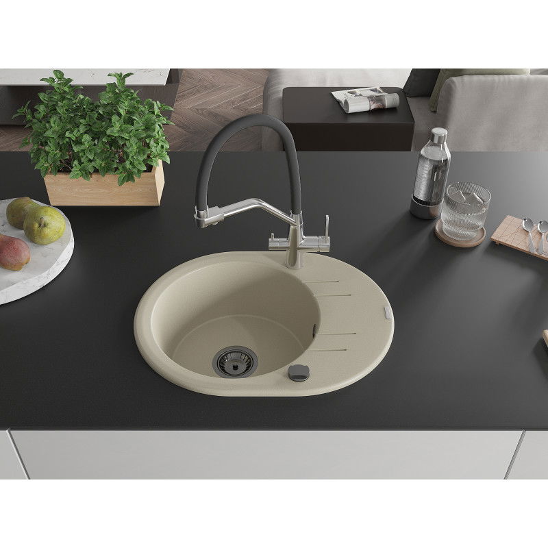 Mexen Kevin fregadero de granito de 1 cubeta con grifo de cocina Duo, beige - 6517-69-671701-07-B