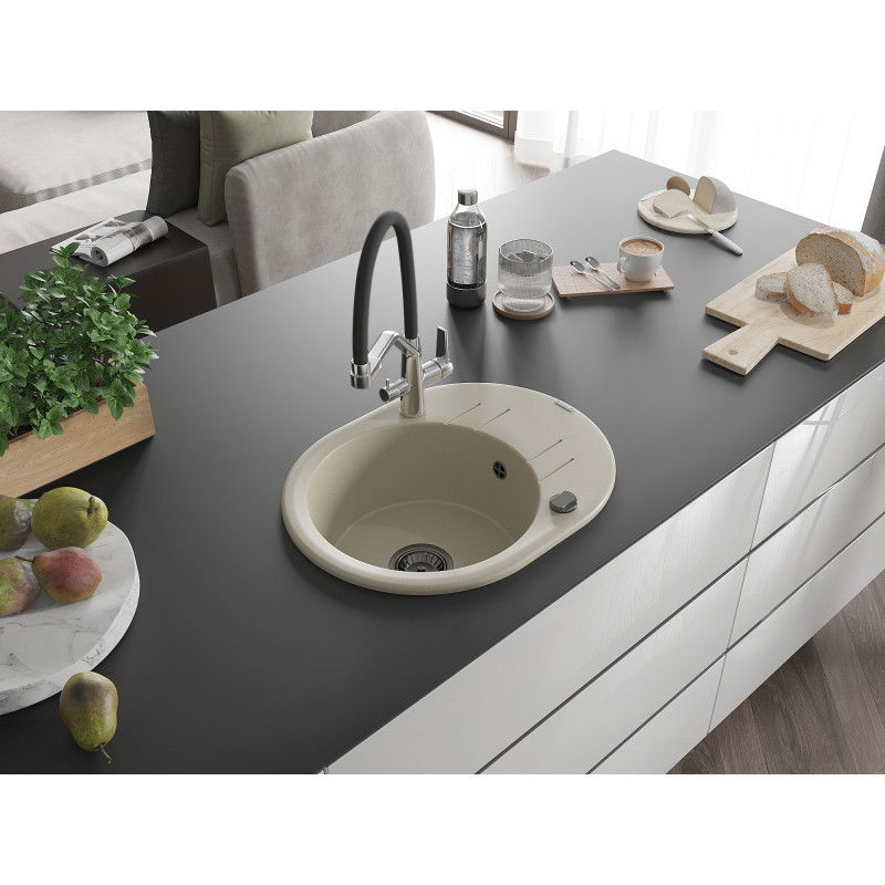 Mexen Kevin fregadero de granito de 1 cubeta con grifo de cocina Duo, beige - 6517-69-671701-07-B