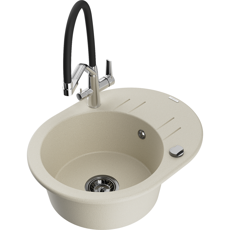 Mexen Kevin fregadero de granito de 1 cubeta con grifo de cocina Duo, beige - 6517-69-671701-07-B