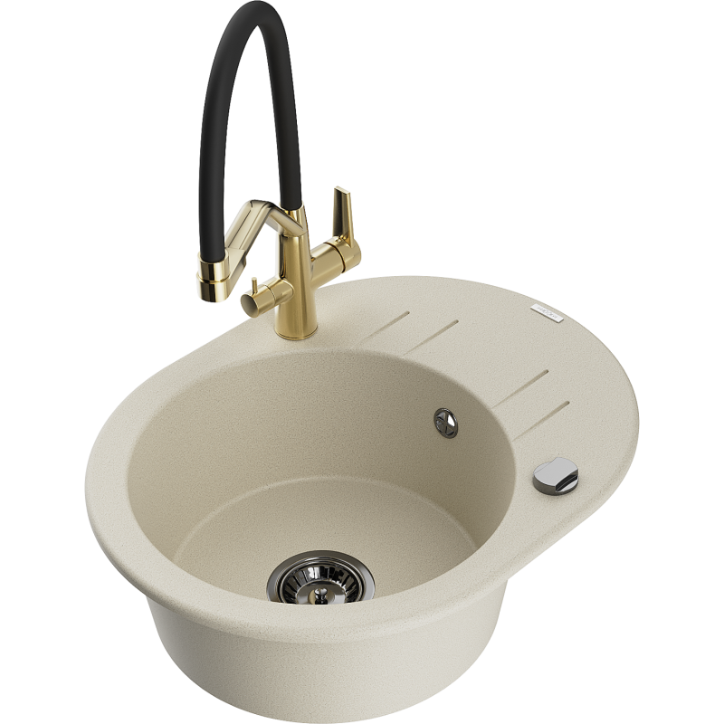 Mexen Kevin fregadero de granito de 1 cubeta con grifo de cocina Duo, beige - 6517-69-671701-57-B