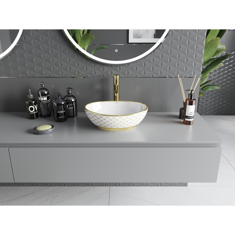 Mexen Elza opzetwastafel 40 x 33 cm, wit/goud ruitpatroon - 21014009
