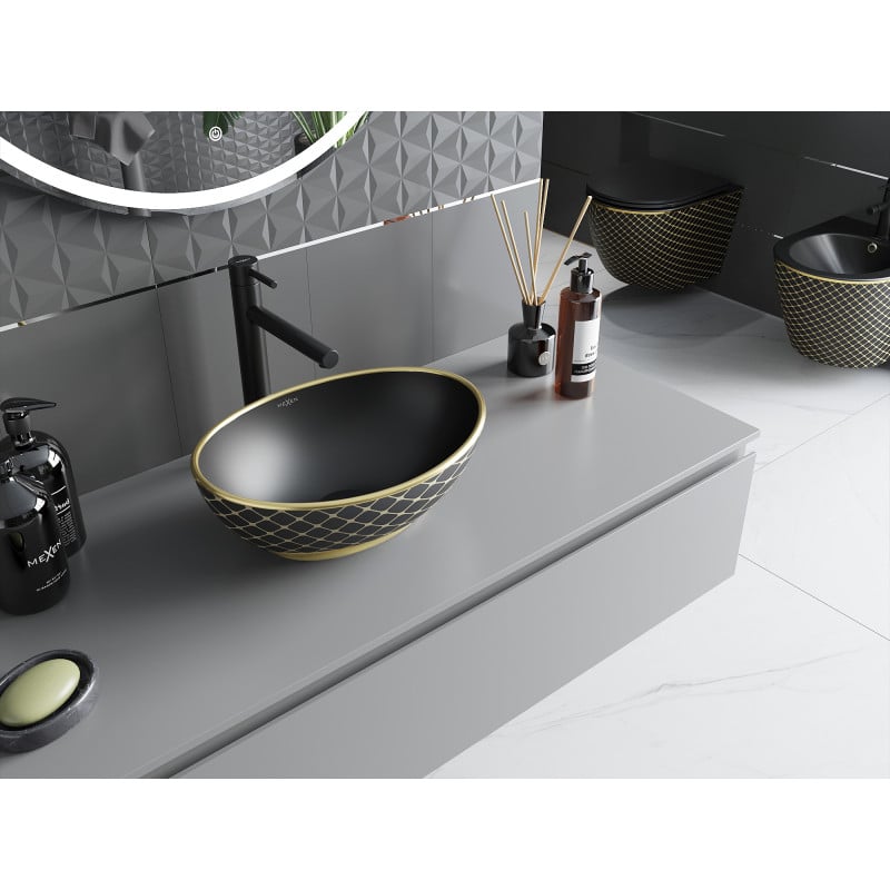 Mexen Elza lavabo de bancada 40 x 33 cm, preto mate/padrão dourado quadrado - 21014029