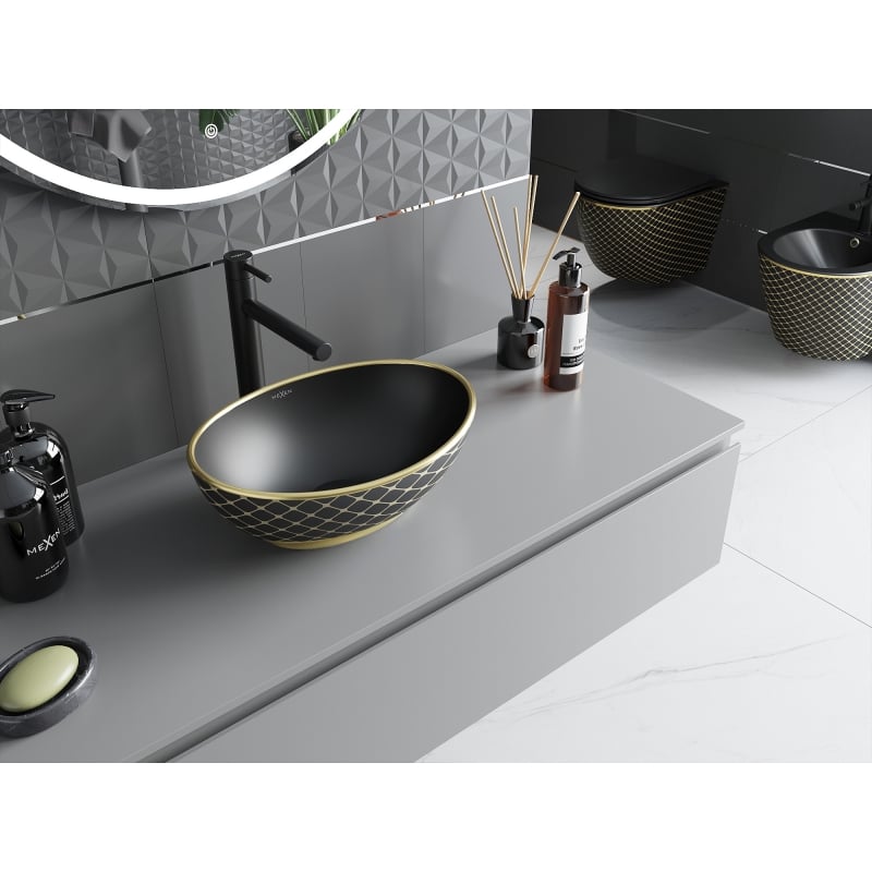 Mexen Elza lavabo sobre encimera 40 x 33 cm, negro mate/dorado patrón de cuadrícula - 21014029